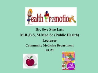 Dr. Swe Swe Latt
M.B.,B.S, M.Med.Sc (Public Health)
Lecturer
Community Medicine Department
KOM
 