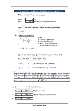 Cálculo de Caudales Medios
Método de Turc - Microcuenca Antarajra
Área = 1,66 km2
Pp = 985,05 Precipitación anual promedio mm/año
Caudal en función de la precipitación y el déficit de escurrimiento
1.- Déficit de escurrimiento D
Donde:
L : Parámetro heliotérmico
P : Pp media anual (mm)
D : Déficit de escorrentía (mm)
T : Temperatura media anual (ºC)
CÁLCULO DE CAUDALES MEDIOS MULTIANUALES
T puede ser reemplazada por Tp (Temperatura corregida) (Castany, 1975)
Tp = (P1*T1+P2*T2+…+P12*T12)/(P1+P2+…+P12)Donde:
2.- Cálculo de temperatura media anual corregida Tp
Parámetro Unidad Sep Oct Nov Dic Ene Feb Mar Abr May Jun Jul Ago Media Total
Pp mm 35,2 76,7 78,1 131,4 186,2 168,3 148,2 69,1 31,6 18,6 18,9 22,8 985,0
T ºC 1,6 1,7 1,8 1,7 1,7 1,7 1,7 1,7 1,6 1,5 1,5 1,5 1,6
58,0 132,1 139,5 229,8 319,6 285,5 250,7 115,6 49,8 27,9 27,6 34,9 1671
Temperatura corregida Tp = 1,70 ºC
P*T
Tp= Pi*Ti/P =
3.- L = 342,7 Parámetro heliotérmico
4.- D = 325,43 mm Déficit de escorrentía
5.- Q = 659,61 mm Altura de lámina de agua escurrida (anual)
6.- Q = 0,035 m3
/s
 