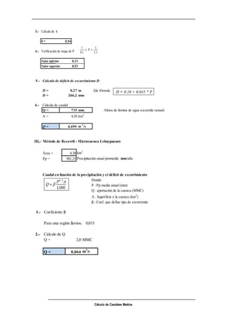 Cálculo de Caudales Medios
3.- Cálculo de λ
λ = 0,94
4.- Verificación de rango de P
Valor inferior 0,13
Valor superior 0,53
5.- Cálculo de déficit de escurrimiento D
D = 0,27 m 2da fórmula
D = 266,2 mm
6.- Cálculo de caudal
Q = 715 mm Altura de lámina de agua escurrida (anual)
A = 4,38 km2
Q = 0,099 m 3
/s
III,- Método de Becerril - Microcuenca Uchuypucaro
Área = 4,38 km2
Pp = 981,15 Precipitación anual promedio mm/año
Caudal en función de la precipitación y el déficit de escurrimiento
Donde:
P : Pp media anual (mm)
Q : aportación de la cuenca (MMC)
A : Superficie e la cuenca (km2
)
β : Coef. que define tipo de escorrentía
1.- Coeficiente β
Para una región lluviosa =0,015
2.- Cálculo de Q
Q = 2,0 MMC
Q = 0,064 m3
/s
 