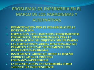 I. DESMOTIVACIÓN POR EL DESARROLLO DE LA
INVESTIGACIÓN.
II. FORMACIÓN CON LIMITADOS CONOCIMIENTOS
FILOSÓFICOS, EPISTEMOLÓGICOS PARA LA
INVESTIGACIÓN DEL OBJETIVO DISCIPLINARIO.
III. LAS LIMITACIONES ARRIBA MENCIONADAS NO
PERMITEN ANALIZAR CRÍTICAMENTE LOS
DIFERENTES PARADIGMAS.
IV. INSUFISIENTE ABORDAJE DESDE EL DISEÑO
CURRICULAR EN EL PROCESO
ENSEÑANZA/APRENDIZAJE.
V. LA INVESTIGACIÓN EN ENFERMERÍA COMO
ASIGNATURA INDEPENDIENTE.
 