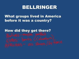 BELLRINGER
What groups lived in America
before it was a country?
How did they get there?
 