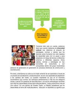 Teniendo todo esto en cuenta, podemos
decir que cuando hablamos de diversidad
cultural nos referimos al conjunto de
estrategias, normas y valores que los
distintos seres humanos han sido capaces
de desarrollar para vivir en grupo y para
adaptarse a lo largo del tiempo a diferentes
entornos y diferentes espacios. Estos
valores, normas y estrategias se han
convertido en costumbres y son
compartidas dentro del grupo haciéndolas
perdurar de generación en generación en procesos dinámicos de construcción y
reconstrucción.
Por tanto, entendemos la cultura en la triple vertiente de ser aprendida a través de
un proceso de socialización y endoculturación, de ser una capacidad de adaptación
a los cambios del medio. La cuestión importante es que en el momento
sociohistórico que vivimos, los individuos pertenecemos a más de una categoría
social y cultural. En palabras de Gerd Baumann, uno de los antropólogos recientes
que más han desarrollado el tema del multiculturalismo, “todos practicamos más de
una cultura”. En una opinión de Charles Taylor, un filósofo canadiense que ha
desarrollado el tema del multiculturalismo, “descubrir mi identidad no significa que
Adam Kuper(basa
las CULTURAS en
tres suuestos):
La cultura no es un asunto
de raza; se aprende, no la
llevamos en nuestros
genes.
La cultura común humana
ha avanzado y progresado
en un proceso de muy
larga duración que nos ha
diferenciado del resto de
homínidos.
La cultura es
esencialmente una
cuestión de ideas y
valores, un molde mental
colectivo
 