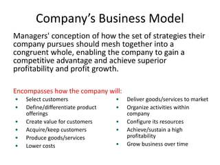 Company’s Business Model
Managers' conception of how the set of strategies their
company pursues should mesh together into a
congruent whole, enabling the company to gain a
competitive advantage and achieve superior
profitability and profit growth.
Encompasses how the company will:
• Select customers
• Define/differentiate product
offerings
• Create value for customers
• Acquire/keep customers
• Produce goods/services
• Lower costs
• Deliver goods/services to market
• Organize activities within
company
• Configure its resources
• Achieve/sustain a high
profitability
• Grow business over time
 