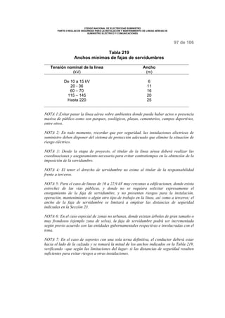 CÓDIGO NACIONAL DE ELECTRICIDAD SUMINISTRO
PARTE 2 REGLAS DE SEGURIDAD PARA LA INSTALACIÓN Y MANTENIMIENTO DE LINEAS AÉREAS DE
SUMINISTRO ELÉCTRICO Y COMUNICACIONES
97 de 106
Tabla 219
Anchos mínimos de fajas de servidumbres
Tensión nominal de la línea
(kV)
Ancho
(m)
De 10 a 15 kV 6
20 - 36 11
60 – 70 16
115 – 145 20
Hasta 220 25
NOTA 1:Evitar pasar la línea aérea sobre ambientes donde pueda haber actos o presencia
masiva de público como son parques, zoológicos, plazas, cementerios, campos deportivos,
entre otros.
NOTA 2: En todo momento, recordar que por seguridad, las instalaciones eléctricas de
suministro deben disponer del sistema de protección adecuado que elimine la situación de
riesgo eléctrico.
NOTA 3: Desde la etapa de proyecto, el titular de la línea aérea deberá realizar las
coordinaciones y aseguramiento necesario para evitar contratiempos en la obtención de la
imposición de la servidumbre.
NOTA 4: El tener el derecho de servidumbre no exime al titular de la responsabilidad
frente a terceros.
NOTA 5: Para el caso de líneas de 10 a 22,9 kV muy cercanas a edificaciones, donde exista
estrechez de las vías públicas, y donde no se requiera solicitar expresamente el
otorgamiento de la faja de servidumbre, y no presenten riesgos para la instalación,
operación, mantenimiento o algún otro tipo de trabajo en la línea, así como a terceros; el
ancho de la faja de servidumbre se limitará a emplear las distancias de seguridad
indicadas en la Sección 23.
NOTA 6: En el caso especial de zonas no urbanas, donde existan árboles de gran tamaño o
muy frondosos (ejemplo zona de selva), la faja de servidumbre podrá ser incrementada
según previo acuerdo con las entidades gubernamentales respectivas e involucradas con el
tema.
NOTA 7: En el caso de soportes con una sola terna definitiva, el conductor deberá estar
hacia el lado de la calzada y se tomará la mitad de los anchos indicados en la Tabla 219,
verificando –que según las limitaciones del lugar- si las distancias de seguridad resulten
suficientes para evitar riesgos a otras instalaciones.
 