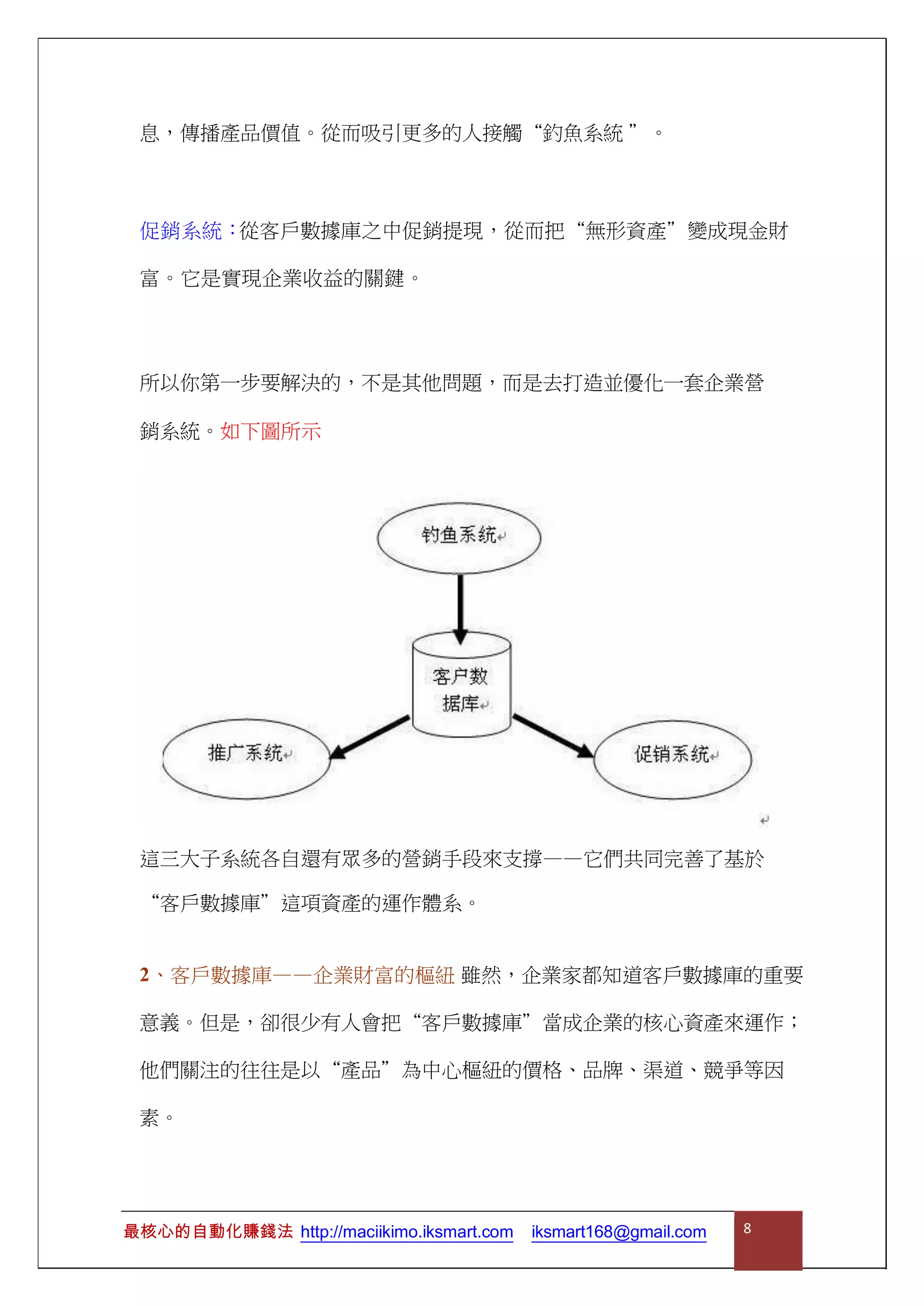 息，傳播產品價值。從而吸引更多的人接觸“釣魚系統 ”。
促銷系統：從客戶數據庫之中促銷提現，從而把“無形資產”變成現金財
富。它是實現企業收益的關鍵。
所以你第一步要解決的，不是其他問題，而是去打造並優化一套企業營
銷系統。如下圖所示
這三大子系統各自還有眾多的營銷手段來支撐——它們共同完善了基於
“客戶數據庫”這項資產的運作體系。
2、客戶數據庫——企業財富的樞紐 雖然，企業家都知道客戶數據庫的重要
意義。但是，卻很少有人會把“客戶數據庫”當成企業的核心資產來運作；
他們關注的往往是以“產品”為中心樞紐的價格、品牌、渠道、競爭等因
素。
最核心的自動化賺錢法 http://maciikimo.iksmart.com iksmart168@gmail.com 8
 
