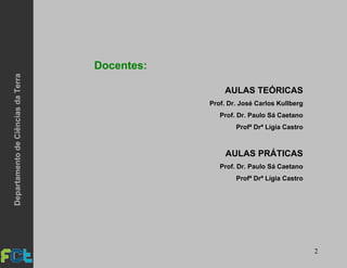 2
Docentes:
AULAS TEÓRICAS
Prof. Dr. José Carlos Kullberg
Prof. Dr. Paulo Sá Caetano
Profª Drª Lígia Castro
AULAS PRÁTICAS
Prof. Dr. Paulo Sá Caetano
Profª Drª Lígia Castro
DepartamentodeCiênciasdaTerra
 