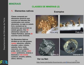 22
MINERAIS
CLASSES DE MINERAIS (2)
1. Elementos nativos
Classe composta por
elementos químicos que
ocorrem na natureza não
combinados com outros
elementos, ou seja no estado
livre; excluem-se os
elementos que ocorrem no
estado gasoso. Dos 92
elementos naturais da
Tabela Periódica, apenas 22
ocorrem como minerais.
Os Elementos Nativos
dividem-se em três grupos:
metais (alumínio, cádmio,
chumbo, cobre, crómio,
estanho, ferro, índio,
mercúrio, ouro, platina,
prata, rénio e zinco), semi-
metais (antimónio, arsénio e
bismuto) e não-metais
(carbono, enxofre, selénio,
silício, telúrio).
Exemplos
http://www.johnbetts-fineminerals.com/jhbnyc/native.htm
Ver na Net:
DepartamentodeCiênciasdaTerra
 
