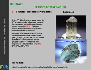31
MINERAIS
CLASSES DE MINERAIS (11)
9. Fosfatos, arsenatos e vanadatos Exemplos
O ião P5+ é ligeiramente superior ao ião
S6+ e, deste modo, tal como o enxofre,
forma grupos tetraédricos aniónicos
com o oxigénio (PO4)3-. Todos os
fosfatos possuem complexo aniónico
como unidade fundamental.
Ocorrem nos arsenatos e vanadatos
unidades tetraédricas semelhantes
(AsO4)3- e (VO4)3-. P5+, As 5+ e V5+ podem
substituir-se mutuamente nestes
grupos aniónicos. O fosfato mais
importante e abundante é a Apatite
[(Ca5(PO4)3(OH,F,Cl)]
Turquesa CuAl6(PO4)4(OH)8*5H2O
Apatite Ca5(PO4)3(F,Cl,OH)
Ver na Net:
http://mineral.galleries.com/minerals/phosphat/turquois/turquois.htm
DepartamentodeCiênciasdaTerra
 