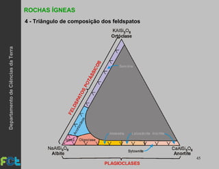 45
ROCHAS ÍGNEAS
4 - Triângulo de composição dos feldspatos
DepartamentodeCiênciasdaTerra
 