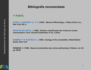 7
Bibliografia recomendada
1ª PARTE
KLEIN, C. & HURLBUT Jr., C. S. (1993) – Manual of Mineralogy, J. Wiley & Sons, Inc.,
New York, 681 p.
BOTELHO DA COSTA, J. (1986) - Estudo e classificação das rochas por exame
macroscópico. Fund. Calouste Gulbenkian, 6ª ed., Lisboa.
HARBEN, P. W. & BATES, R. L. (1984) - Geology of the nonmetallics. Metal Bulletin
Books, New York.
ROMARIZ, C. (1966) - Bases da sistemática das rochas sedimentares. Palestra, vol. 28,
pp. 69-98.
DepartamentodeCiênciasdaTerra
 