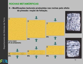 78
ROCHAS METAMÓRFICAS
9 – Modificações texturais produzidas nas rochas pelo efeito
da pressão: noção de foliação.
DepartamentodeCiênciasdaTerra
 