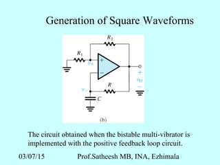 03/07/15 Prof.Satheesh MB, INA, Ezhimala
Generation of Square Waveforms
The circuit obtained when the bistable multi-vibrator is
implemented with the positive feedback loop circuit.
 