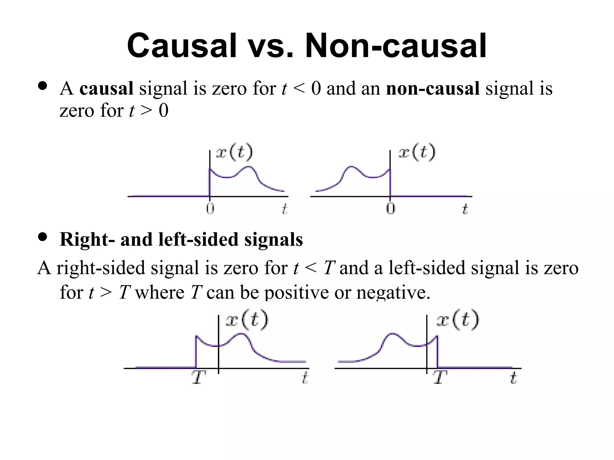  A causal signal is zero for t < 0 and an non-causal signal is
zero for t > 0
 Right- and left-sided signals
A right-sided signal is zero for t < T and a left-sided signal is zero
for t > T where T can be positive or negative.
Causal vs. Non-causal
 