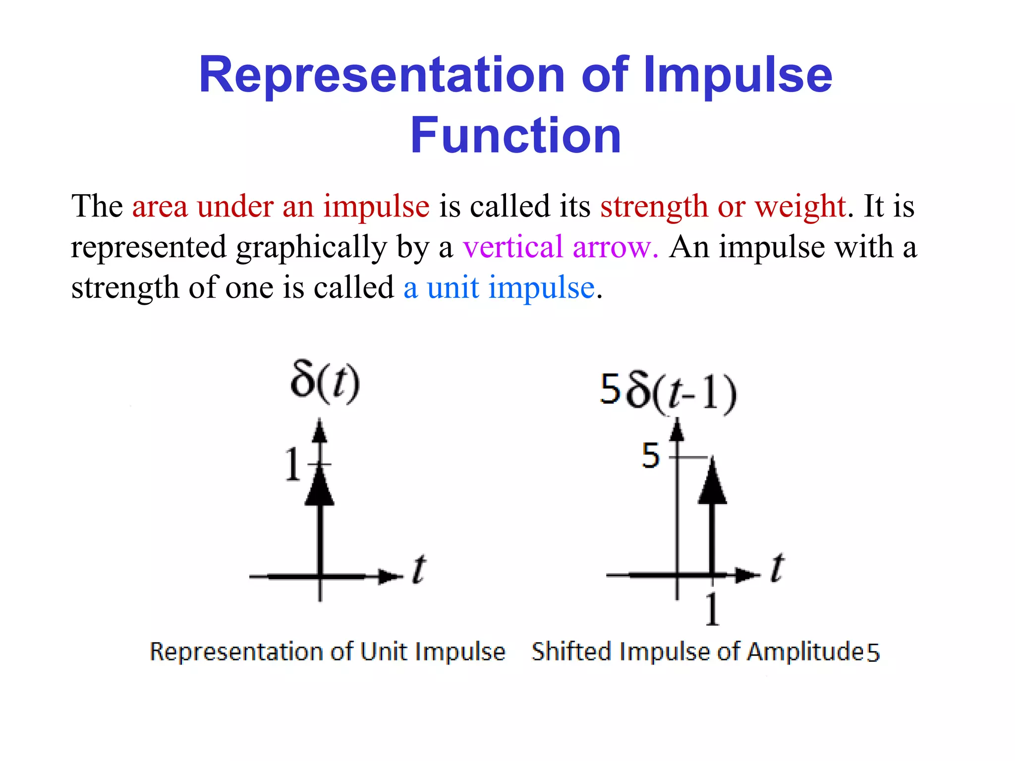Representation of Impulse
Function
The area under an impulse is called its strength or weight. It is
represented graphically by a vertical arrow. An impulse with a
strength of one is called a unit impulse.
 