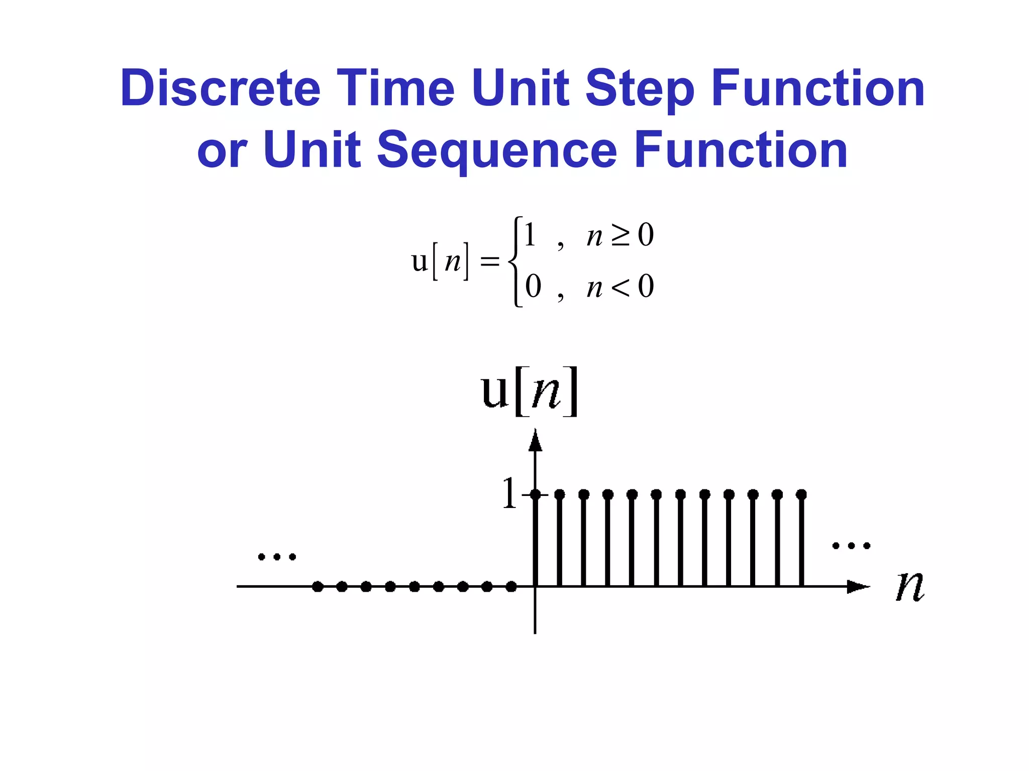 Discrete Time Unit Step Function
or Unit Sequence Function
[ ]
1 , 0
u
0 , 0
n
n
n
≥
= 
<
 