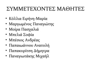 ΣΥΜΜΕΤΕΧΟΝΤΕΣ ΜΑΘΗΤΕΣ
• Κόλλια Ειρήνη-Μαρία
• Μαργωμένος Παναγιώτης
• Μοίρα Πασχαλιά
• Μπελιά Σοφία
• Μπέσιος Ανδρέας
• Παπαιωάννου Ανατολή
• Παπακυρίτση Δήμητρα
• Παναγιωτάκης Μιχαήλ
 