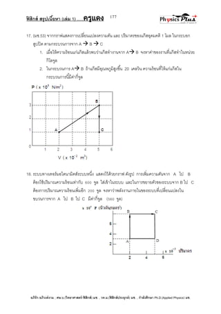 ฟิสิกส์ สรุปเนื้อหา (เล่ม 1) .….ครูแดง
อภิรัก อภิวงค์งาม ; ศษ.บ.(วิทยาศาสตร์-ฟิสิกส์) มช. , วท.ม.(ฟิสิกส์ประยุกต์) มช. , กาลังศึกษา Ph.D.(Applied Physics) มช.
177
17. (มช.53) จากกราฟแสดงการเปลี่ยนแปลงความดัน และ ปริมาตรของแก๊สอุดมคติ 1 โมล ในกระบอก
สูบปิด ตามกระบวนการจาก A  B  C
1. เมื่อให้ความร้อนแก่แก๊สแล้วพบว่าแก๊สทางานจาก A B จงหาค่าของงานที่แก๊สทาในหน่วย
กิโลจูล
2. ในกระบวนการ A B ถ้าแก๊สมีอุณหภูมิสูงขึ้น 20 เคลวิน ความร้อนที่ให้แก่แก๊สใน
กระบวนการนี้มีค่ากี่จูล
18. ระบบทางเทอร์มอไดนามิคส์ระบบหนึ่ง แสดงไว้ด้วยกราฟ ดังรูป การเพิ่มความดันจาก A ไป B
ต้องใช้ปริมาณความร้อนเท่ากับ 600 จูล ใส่เข้าในระบบ และในการขยายตัวของระบบจาก B ไป C
ต้องการปริมาณความร้อนเพิ่มอีก 200 จูล จงหาว่าพลังงานภายในของระบบที่เปลี่ยนแปลงใน
ขบวนการจาก A ไป B ไป C มีค่ากี่จูล (560 จูล)
 
