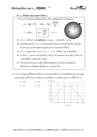 ฟิสิกส์ สรุปเนื้อหา (เล่ม 1) .….ครูแดง
อภิรัก อภิวงค์งาม ; ศษ.บ.(วิทยาศาสตร์-ฟิสิกส์) มช. , วท.ม.(ฟิสิกส์ประยุกต์) มช. , กาลังศึกษา Ph.D.(Applied Physics) มช.
34
2
R
GM
g 
m
ก. 5.3 ค. 16
ข. 10 ง. 20
ค่า g ของโลก และดาวเคราะห์ต่างๆ
เราทราบว่า น้าหนักของวัตถุที่อยู่บนผิวโลก ก็คือ แรงดึงดูดของโลกกับวัตถุนั่นเอง
จาก GFmg

 นั่นคือ 2
R
GMm
mg 
 จะได้ว่า *****( 1 )
 ค่า g บางทีเรียกว่า ความโน้มถ่วง (Gravity).......มีหน่วยเป็น N / kg
 ถ้าคิดให้ละเอียดจริง ๆ ค่า g ในแต่ละท้องที่บนโลกแตกต่างกันเพียงเล็กน้อย ขึ้นอยู่กับ
ตาแหน่ง latitude,สภาพสูงต่าของภูมิประเทศ,การหมุนของโลกก็มีส่วน
 ค่า g มาตรฐาน มีค่า 9.8065 m/s2
 10 m/s2
(ที่ผิวโลก และ ใกล้ ๆผิวโลก)
 ถ้าเป็นค่า g ของดาวเคราะห์ดวงอื่น ๆ หรือ การหามวลของดาวเคราะห์ต่าง ๆ ก็สามารถ
ประยุกต์ใช้ได้ จากสูตรข้างต้น เช่นกัน
 น้าหนักของวัตถุ บนดาวดวงอื่นๆ ก็คือแรงดึงดูดของดาวดวงนั้นกับวัตถุนั่นแหละ
ซึ่งน้าหนักจะมากหรือน้อย ก็ขึ้นอยู่กับค่า g ของดาวนั้น ๆ
13. (PAT.53) โยนลูกบอลขึ้นไปในแนวดิ่งบนดาวเคราะห์ดวงหนึ่ง พบว่าความสัมพันธ์ระหว่างความสูงลูก
บอลในแนวดิ่งจากพื้น กับเวลา เป็นดังรูป ความเร่งเนื่องจากแรงโน้มถ่วงของดาวดวงนี้มีค่ากี่ m/s2
R
M
 