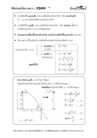 ฟิสิกส์ สรุปเนื้อหา (เล่ม 1) .….ครูแดง
อภิรัก อภิวงค์งาม ; ศษ.บ.(วิทยาศาสตร์-ฟิสิกส์) มช. , วท.ม.(ฟิสิกส์ประยุกต์) มช. , กาลังศึกษา Ph.D.(Applied Physics) มช.
40
( มีความเร่ง g)
 การเคลื่อนที่ใน แนวระดับ ของการเคลื่อนที่แบบโพรเจกไทล์ จะมี ความเร็วคงที่
(a

= 0) เพราะไม่มีแรงลัพธ์ในแนวระดับมากระทา
 การเคลื่อนที่ใน แนวดิ่ง ของการเคลื่อนที่แบบโพรเจกไทล์ จะมี ความเร่ง เนื่องจาก
แรงโน้มถ่วงของโลก ; g (จากแรงดึงดูดของโลก)
 เวลาของการเคลื่อนที่ในแนวดิ่ง เท่ากับ เวลาในการเคลื่อนที่ในแนวระดับ (Concept)
 ปริมาณต่าง ๆ ที่เกี่ยวข้องกับการเคลื่อนที่แบบโพรเจกไทล์ จะแยกคิดเป็น 2 แนว
1. แนวระดับ (x) tuS xx 
2. แนวดิ่ง (y) gtuv yy 
t
vu
S
yy
y 




 

2
สูตรทั่วไป yyy gSuv 222

2
2
1
gttuS yy 
โปรเจกไทล์ แบบที่ 1 (พาราโบล่า ครึ่งรูป)
วัตถุถูกขว้างออกไปตามแนวระดับ ด้วยความเร็ว xv จากที่ระดับความสูง ys
* คิดเสมือน วัตถุตกอย่างอิสระ 0yu (ที่ความสูง ys )
2
2
1
gttuS yy 
2
2
1
gtSy  ……..(1)
tuS xx  ……..(2)
22
yx vvv  …....(3)
x
y
v
v
tan ……..(4)
ความเร็วแยกเป็น 2 แนว (V คงที่ )
 
