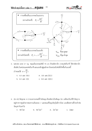 ฟิสิกส์ สรุปเนื้อหา (เล่ม 1) .….ครูแดง
อภิรัก อภิวงค์งาม ; ศษ.บ.(วิทยาศาสตร์-ฟิสิกส์) มช. , วท.ม.(ฟิสิกส์ประยุกต์) มช. , กาลังศึกษา Ph.D.(Applied Physics) มช.
52
Vmin ที่จุด สูงสุด
Vmaw ที่จุด ต่าสุด
3. (มช.50) มวล 2.1 kg หมุนเป็นวงกลมรัศมี 70 cm ด้วยอัตราเร็ว 2 รอบต่อวินาที ให้หาอัตราเร็ว
เชิงเส้น ในหน่วยเมตรต่อวินาที และแรงเข้าสู่ศูนย์กลางในหน่วยนิวตันที่เกิดขึ้นกับมวลนี้
(กาหนดให้
7
22
 )
ก. 4.4 และ 58.0 ค. 8.8 และ 232.3
ข. 4.4 และ 232 ง. 8.8 และ 929.3
4. (En 42) วัตถุมวล m วางบนจานกลมที่กาลังหมุน ด้วยอัตราเร็วเชิงมุม 2 เรเดียน/วินาทีถ้าวัตถุวาง
อยู่ห่างจากศูนย์กลางของจานเป็นระยะ r และขณะที่หมุนวัตถุไม่มีการไถล แรงเสียดทานที่กระทาต่อ
วัตถุเท่ากับเท่าไร
ก. mr2
4 ข. 22
4 mr ค. mr2
2 ง. mr2
 การเคลื่อนที่แบบวงกลมในแนวราบ
(ความเร็วคงที่)
R
mv
FC
2

 การเคลื่อนที่แบบวงกลมในแนวดิ่ง
(ความเร็วไม่คงที่) .........
2

R
mv
FC
 