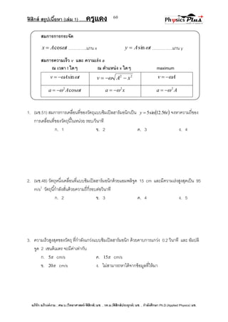 ฟิสิกส์ สรุปเนื้อหา (เล่ม 1) .….ครูแดง
อภิรัก อภิวงค์งาม ; ศษ.บ.(วิทยาศาสตร์-ฟิสิกส์) มช. , วท.ม.(ฟิสิกส์ประยุกต์) มช. , กาลังศึกษา Ph.D.(Applied Physics) มช.
60
สมการการกระจัด
tAx cos …………..แกน x tAy sin ……………แกน y
สมการความเร็ว v และ ความเร่ง a
ณ เวลา t ใดๆ ณ ตาแหน่ง x ใดๆ maximum
tAv  sin 22
xAv   Av 
tAa  cos2
 xa 2
 Aa 2

1. (มช.51) สมการการเคลื่อนที่ของวัตถุแบบซิมเปิลฮาร์มอนิกเป็น  ty 56.12sin5 จงหาความถี่ของ
การเคลื่อนที่ของวัตถุนี้ในหน่วย รอบ/วินาที
ก. 1 ข. 2 ค. 3 ง. 4
2. (มช.48) วัตถุหนึ่งเคลื่อนที่แบบซิมเปิลฮาร์มอนิกด้วยแอมพลิจูด 15 cm และมีความเร่งสูงสุดเป็น 95
m/s2
วัตถุนี้กาลังสั่นด้วยความถี่กี่รอบต่อวินาที
ก. 2 ข. 3 ค. 4 ง. 5
3. ความเร็วสูงสุดของวัตถุ ที่กาลังแกว่งแบบซิมเปิลฮาร์มอนิก ด้วยคาบการแกว่ง 0.2 วินาที และ อัมปลิ
จูด 2 เซนติเมตร จะมีค่าเท่ากับ
ก. 5 cm/s ค. 15 cm/s
ข. 20 cm/s ง. ไม่สามารถหาได้จากข้อมูลที่ให้มา
 