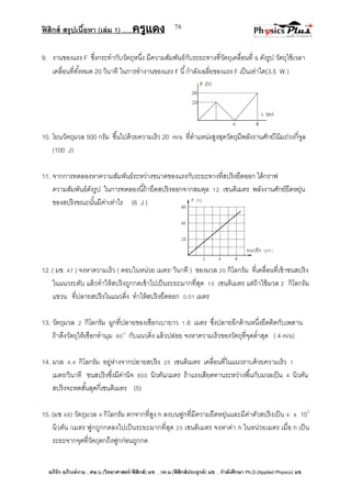 ฟิสิกส์ สรุปเนื้อหา (เล่ม 1) .….ครูแดง
อภิรัก อภิวงค์งาม ; ศษ.บ.(วิทยาศาสตร์-ฟิสิกส์) มช. , วท.ม.(ฟิสิกส์ประยุกต์) มช. , กาลังศึกษา Ph.D.(Applied Physics) มช.
76
9. งานของแรง F ซึ่งกระทากับวัตถุหนึ่ง มีความสัมพันธ์กับระยะทางที่วัตถุเคลื่อนที่ s ดังรูป วัตถุใช้เวลา
เคลื่อนที่ทั้งหมด 20 วินาที ในการทางานของแรง F นี้กาลังเฉลี่ยของแรง F เป็นเท่าใด(3.5 W )
10. โยนวัตถุมวล 500 กรัม ขึ้นไปด้วยความเร็ว 20 m/s ที่ตาแหน่งสูงสุดวัตถุมีพลังงานศักย์โน้มถ่วงกี่จูล
(100 J)
11. จากการทดลองหาความสัมพันธ์ระหว่างขนาดของแรงกับระยะทางที่สปริงยืดออก ได้กราฟ
ความสัมพันธ์ดังรูป ในการทดลองนี้ถ้ายืดสปริงออกจากสมดุล 12 เซนติเมตร พลังงานศักย์ยืดหยุ่น
ของสปริงขณะนั้นมีค่าเท่าไร (6 J )
12.( มช. 47 ) จงหาความเร็ว ( ตอบในหน่วย เมตร/ วินาที ) ของมวล 20 กิโลกรัม ที่เคลื่อนที่เข้าชนสปริง
ในแนวระดับ แล้วทาให้สปริงถูกกดเข้าไปเป็นระยะมากที่สุด 10 เซนติเมตร แต่ถ้าใช้มวล 2 กิโลกรัม
แขวน ที่ปลายสปริงในแนวดิ่ง ทาให้สปริงยืดออก 0.01 เมตร
13. วัตถุมวล 2 กิโลกรัม ผูกที่ปลายของเชือกเบายาว 1.6 เมตร ซึ่งปลายอีกด้านหนึ่งยึดติดกับเพดาน
ถ้าดึงวัตถุให้เชือกทามุม 60๐
กับแนวดิ่ง แล้วปล่อย จงหาความเร็วของวัตถุที่จุดต่าสุด ( 4 m/s)
14. มวล 4.4 กิโลกรัม อยู่ห่างจากปลายสปริง 25 เซนติเมตร เคลื่อนที่ในแนวราบด้วยความเร็ว 1
เมตร/วินาที ชนสปริงซึ่งมีค่านิจ 800 นิวตัน/เมตร ถ้าแรงเสียดทานระหว่างพื้นกับมวลเป็น 4 นิวตัน
สปริงจะหดสั้นสุดกี่เซนติเมตร (5)
15.(มช 48) วัตถุมวล 4 กิโลกรัม ตกจากที่สูง h ลงบนฟูกที่มีความยืดหยุ่นและมีค่าตัวสปริงเป็น 4 x 103
นิวตัน /เมตร ฟูกถูกกดลงไปเป็นระยะมากที่สุด 20 เซนติเมตร จงหาค่า h ในหน่วยเมตร เมื่อ h เป็น
ระยะจากจุดที่วัตถุตกถึงฟูกก่อนถูกกด
 
