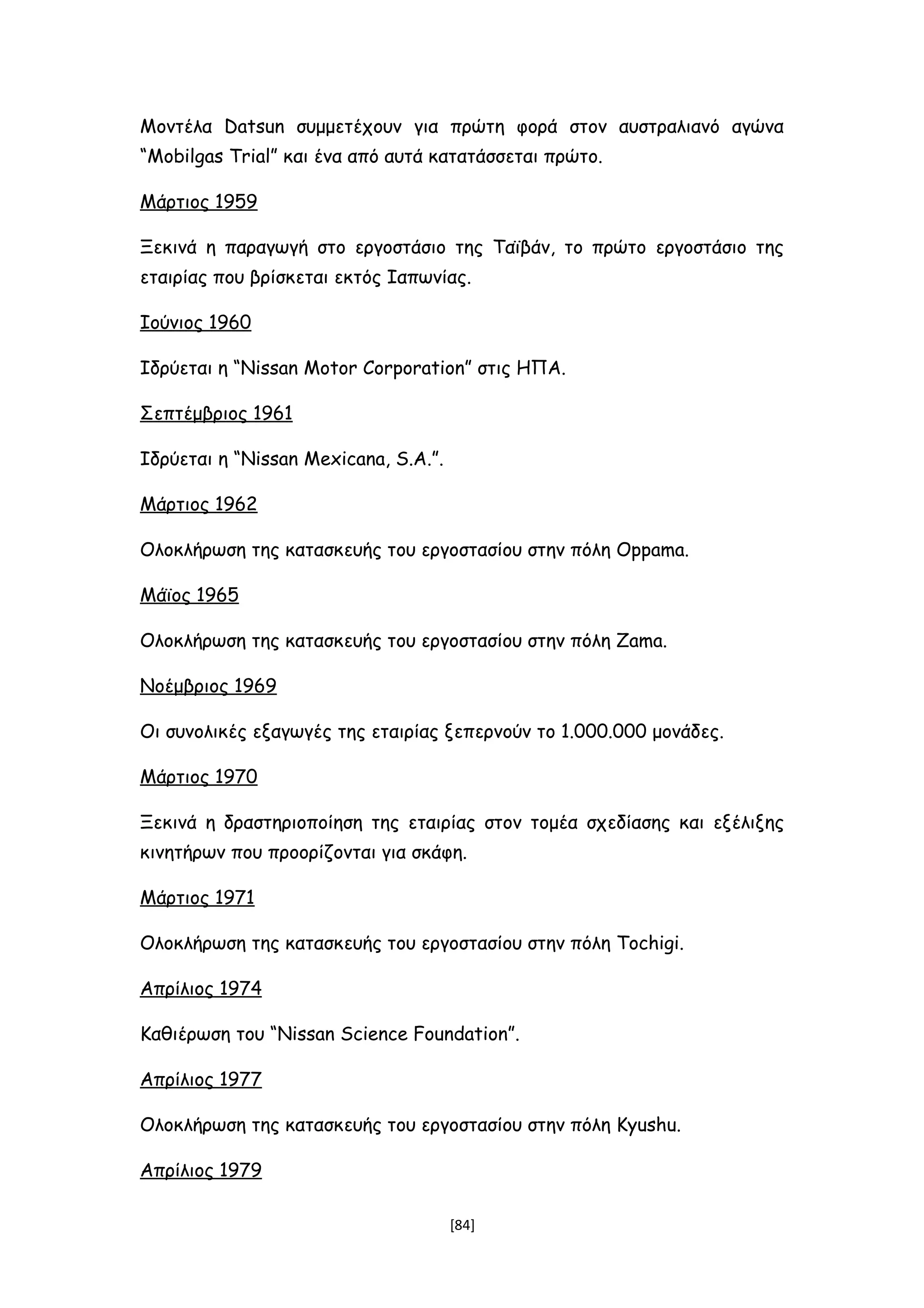 Μοντέλα Datsun συμμετέχουν για πρώτη φορά στον αυστραλιανό αγώνα
“Mobilgas Trial” και ένα από αυτά κατατάσσεται πρώτο.
Μάρτιος 1959
Ξεκινά η παραγωγή στο εργοστάσιο της Ταϊβάν, το πρώτο εργοστάσιο της
εταιρίας που βρίσκεται εκτός Ιαπωνίας.
Ιούνιος 1960
Iδρύεται η “Nissan Motor Corporation” στις ΗΠΑ.
Σεπτέμβριος 1961
Ιδρύεται η “Nissan Mexicana, S.A.”.
Μάρτιος 1962
Ολοκλήρωση της κατασκευής του εργοστασίου στην πόλη Oppama.
Μάϊος 1965
Ολοκλήρωση της κατασκευής του εργοστασίου στην πόλη Zama.
Νοέμβριος 1969
Οι συνολικές εξαγωγές της εταιρίας ξεπερνούν το 1.000.000 μονάδες.
Μάρτιος 1970
Ξεκινά η δραστηριοποίηση της εταιρίας στον τομέα σχεδίασης και εξέλιξης
κινητήρων που προορίζονται για σκάφη.
Μάρτιος 1971
Ολοκλήρωση της κατασκευής του εργοστασίου στην πόλη Tochigi.
Απρίλιος 1974
Καθιέρωση του “Nissan Science Foundation”.
Απρίλιος 1977
Ολοκλήρωση της κατασκευής του εργοστασίου στην πόλη Kyushu.
Απρίλιος 1979
[84]
 