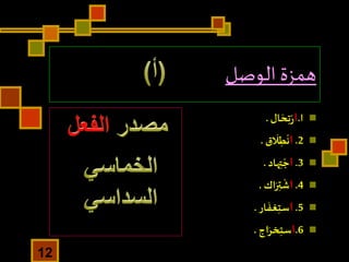 ‫همزة‬‫الوصل‬
‫ا‬.‫ا‬‫ال‬ َ‫ح‬ِ‫ت‬ْ‫ر‬.
2.‫ا‬‫ق‬
َ
‫ال‬ ِ‫ط‬
ْ
‫ن‬.
3.‫ا‬‫هاد‬ِ‫ت‬ ْ‫ج‬.
4.‫ا‬‫اك‬َ‫ر‬ِ‫ت‬
ْ
‫ش‬.
5.‫ا‬‫ار‬
َ
‫غف‬ِ‫ت‬‫س‬.
6.‫ا‬‫اج‬َ‫خر‬ِ‫ت‬‫س‬.
12
 