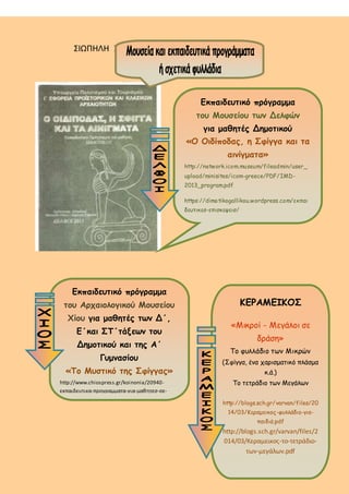 ΣΙΩΠΗΛΗ ΧΘΟΝΙΑ
Εκπαιδευτικό πρόγραμμα
του Μουσείου των Δελφών
για μαθητές Δημοτικού
«Ο Οιδίποδας, η Σφίγγα και τα
αινίγματα»
http://network.icom.museum/fileadmin/user_
upload/minisites/icom-greece/PDF/IMD-
2013_program.pdf
https://dimotikogallikou.wordpress.com/εκπαι
δευτικεσ-επισκεψεισ/
Εκπαιδευτικό πρόγραμμα
του Αρχαιολογικού Μουσείου
Χίου για μαθητές των Δ΄,
Ε΄και ΣΤ΄τάξεων του
Δημοτικού και της Α΄
Γυμνασίου
«Το Μυστικό της Σφίγγας»
http://www.chiospress.gr/koinonia/20940-
εκπαιδευτικα-προγραμματα-για-μαθητεσ-σε-
βιβλιοθηκη-και-μουσειο
ΚΕΡΑΜΕΙΚΟΣ
«Μικροί - Μεγάλοι σε
δράση»
Το φυλλάδιο των Μικρών
(Σφίγγα, ένα χαρισματικό πλάσμα
κ.ά.)
Το τετράδιο των Μεγάλων
http://blogs.sch.gr/varvan/files/20
14/03/Κεραμεικος-φυλλάδιο-για-
παιδιά.pdf
http://blogs.sch.gr/varvan/files/2
014/03/Κεραμεικος-το-τετράδιο-
των-μεγάλων.pdf
 