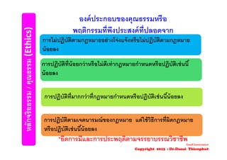 หลักจริยธรรม/คุณธรรม(Ethics)
องค์ประกอบของคุณธรรมหรือ
พฤติกรรมที่พึงประสงค์ที่ปลอดจาก
การไม่ปฏิบัติตามกฎหมายอย่างโจ่งแจ้งหรือไม่ปฏิบัติตามกฎหมาย
น้อยลง
การปฏิบัติที่น้อยกว่าหรือไม่ดีเท่ากฎหมายกําหนดหรือปฏิบัติเช่นนี้
น้อยลง
การปฏิบัติที่มากกว่าที่กฎหมายกําหนดหรือปฏิบัติเช่นนี้น้อยลง
การปฏิบัติตามเจตนารมณ์ของกฎหมาย แต่ใช้วิธีการที่ผิดกฎหมาย
หรือปฏิบัติเช่นนี้น้อยลง
*ยึดการมีและการประพฤติตามจรรยาบรรณวิชาชีพ
Good Governance
Copyright 2015 : Dr.Danai Thienphut
 