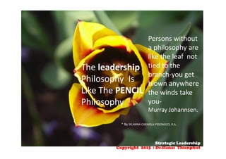 The leadership
Philosophy  Is      
Like The PENCIL
Philosophy 
Persons without  
a philosophy are 
like the leaf  not 
tied to the 
branch‐you get  
blown anywhere 
the winds take 
you‐
Murray Johannsen. 
* By SR.ANNA CARMELA PESONGCO, R.A.
Strategic Leadership
Copyright 2015 : Dr.Danai Thienphut
 