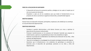FINES DE LA EDUCACION EN SANTANDER
- El desarrollo de formas de convivencia pacífica y dialógica en las cuales el respeto por el
otro sea la pauta de interacción.
- Empoderar a cada uno de los ciudadanos para que desde el fortalecimiento de sus
proyectos de vida se conviertan en agentes de desarrollo y competitividad regional.
OBJETIVO GENERAL
Avanzar hacia una educación incluyente, participativa, respetuosa y de calidad que se constituya
en el eje del desarrollo departamental.
OBJETIVOS ESPECIFICOS
- Fortalecer la gestión Administrativa y del talento Humano con miras a optimizar el
desarrollo de los procesos institucionales.
- Promover transformaciones en los procesos de formación haciendo que propicien la
modernización y apertura a la globalidad para hacer más competitiva la región.
- Potenciar el principio de la solidaridad en las dinámicas de interacción de las niñas, niños
y jóvenes del departamento.
- Hacer de la investigación y la pedagogía las principales estrategias de desarrollo regional.
- Garantizar que la infraestructura y los ambientes de aprendizaje se conviertan en
estímulos para el desarrollo del aprendizaje autónomo en las niñas y niños del
departamento.
 