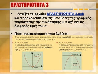 ΔΡΑΣΤΗΡΙΟΤΗΤΑ 3
• Ανοίξτε το αρχείο: ΔΡΑΣΤΗΡΙΟΤΗΤΑ 3.ggb
και παρακολουθείστε τις μεταβολές της γραφικής
παράστασης της συνάρτησης ψ = αχ2 για τις
διαφορές τιμές του α.
• Ποια συμπεράσματα που βγάζετε:
 