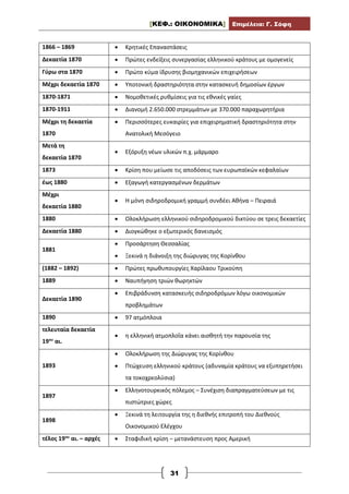 [ΚΕΦ.: ΟΙΚΟΝΟΜΙΚΑ] Επιμέλεια: Γ. Σόφη
31
1866 – 1869  Κρητικές Επαναστάσεις
Δεκαετία 1870  Πρώτες ενδείξεις συνεργασίας ελληνικού κράτους με ομογενείς
Γύρω στα 1870  Πρώτο κύμα ίδρυσης βιομηχανικών επιχειρήσεων
Μέχρι δεκαετία 1870  Υποτονική δραστηριότητα στην κατασκευή δημοσίων έργων
1870-1871  Νομοθετικές ρυθμίσεις για τις εθνικές γαίες
1870-1911  Διανομή 2.650.000 στρεμμάτων με 370.000 παραχωρητήρια
Μέχρι τη δεκαετία
1870
 Περισσότερες ευκαιρίες για επιχειρηματική δραστηριότητα στην
Ανατολική Μεσόγειο
Μετά τη
δεκαετία 1870
 Εξόρυξη νέων υλικών π.χ. μάρμαρο
1873  Κρίση που μείωσε τις αποδόσεις των ευρωπαϊκών κεφαλαίων
έως 1880  Εξαγωγή κατεργασμένων δερμάτων
Μέχρι
δεκαετία 1880
 Η μόνη σιδηροδρομική γραμμή συνδέει Αθήνα – Πειραιά
1880  Ολοκλήρωση ελληνικού σιδηροδρομικού δικτύου σε τρεις δεκαετίες
Δεκαετία 1880  Διογκώθηκε ο εξωτερικός δανεισμός
1881
 Προσάρτηση Θεσσαλίας
 Ξεκινά η διάνοιξη της διώρυγας της Κορίνθου
(1882 – 1892)  Πρώτες πρωθυπουργίες Χαρίλαου Τρικούπη
1889  Ναυπήγηση τριών θωρηκτών
Δεκαετία 1890
 Επιβράδυνση κατασκευής σιδηροδρόμων λόγω οικονομικών
προβλημάτων
1890  97 ατμόπλοια
τελευταία δεκαετία
19ου
αι.
 η ελληνική ατμοπλοΐα κάνει αισθητή την παρουσία της
1893
 Ολοκλήρωση της Διώρυγας της Κορίνθου
 Πτώχευση ελληνικού κράτους (αδυναμία κράτους να εξυπηρετήσει
τα τοκοχρεολύσια)
1897
 Ελληνοτουρκικός πόλεμος – Συνέχιση διαπραγματεύσεων με τις
πιστώτριες χώρες
1898
 Ξεκινά τη λειτουργία της η διεθνής επιτροπή του Διεθνούς
Οικονομικού Ελέγχου
τέλος 19ου
αι. – αρχές  Σταφιδική κρίση – μετανάστευση προς Αμερική
 