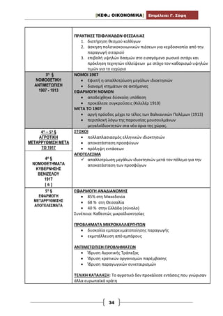 [ΚΕΦ.: ΟΙΚΟΝΟΜΙΚΑ] Επιμέλεια: Γ. Σόφη
34
ΠΡΑΚΤΙΚΕΣ ΤΣΙΦΛΙΚΑΔΩΝ ΘΕΣΣΑΛΙΑΣ
1. διατήρηση θεσμού κολλίγων
2. άσκηση πολιτικοκοινωνικών πιέσεων για κερδοσκοπία από την
παραγωγή σιταριού
3. επιβολή υψηλών δασμών στο εισαγόμενο ρωσικό σιτάρι και
πρόκληση τεχνητών ελλείψεων με στόχο τον καθορισμό υψηλών
τιμών για το εγχώριο
3η §
ΝΟΜΟΘΕΤΙΚΗ
ΑΝΤΙΜΕΤΩΠΙΣΗ
1907 - 1913
ΝΟΜΟΙ 1907
 Εφικτή η απαλλοτρίωση μεγάλων ιδιοκτησιών
 διανομή κτημάτων σε ακτήμονες
ΕΦΑΡΜΟΓΗ ΝΟΜΩΝ
 αποδείχθηκε δύσκολη υπόθεση
 προκάλεσε συγκρούσεις (Κιλελέρ 1910)
ΜΕΤΑ ΤΟ 1907
 αργή πρόοδος μέχρι το τέλος των Βαλκανικών Πολέμων (1913)
 περιπλοκή λόγω της παρουσίας μουσουλμάνων
μεγαλοϊδιοκτητών στα νέα όρια της χώρας.
4η – 5η §
ΑΓΡΟΤΙΚΗ
ΜΕΤΑΡΡΥΘΜΙΣΗ ΜΕΤΑ
ΤΟ 1917
4Η §
ΝΟΜΟΘΕΤΗΜΑΤΑ
ΚΥΒΕΡΝΗΣΗΣ
ΒΕΝΙΖΕΛΟΥ
1917
[ 6 ]
ΣΤΟΧΟΙ
 πολλαπλασιασμός ελληνικών ιδιοκτησιών
 αποκατάσταση προσφύγων
 πρόληψη εντάσεων
ΑΠΟΤΕΛΕΣΜΑ
 απαλλοτρίωση μεγάλων ιδιοκτησιών μετά τον πόλεμο για την
αποκατάσταση των προσφύγων
5η §
ΕΦΑΡΜΟΓΗ
ΜΕΤΑΡΡΥΘΜΙΣΗΣ
ΑΠΟΤΕΛΕΣΜΑΤΑ
ΕΦΑΡΜΟΓΗ ΑΝΑΔΙΑΝΟΜΗΣ
 85% στη Μακεδονία
 68 % στη Θεσσαλία
 40 % στην Ελλάδα (σύνολο)
Συνέπεια: Καθεστώς μικροϊδιοκτησίας
ΠΡΟΒΛΗΜΑΤΑ ΜΙΚΡΟΚΑΛΛΙΕΡΓΗΤΩΝ
 δυσκολία εμπορευματοποίησης παραγωγής
 εκμετάλλευση από εμπόρους
ΑΝΤΙΜΕΤΩΠΙΣΗ ΠΡΟΒΛΗΜΑΤΩΝ
 Ίδρυση Αγροτικής Τράπεζας
 Ίδρυση κρατικών οργανισμών παρέμβασης
 Ίδρυση παραγωγικών συνεταιρισμών
ΤΕΛΙΚΗ ΚΑΤΑΛΗΞΗ: Το αγροτικό δεν προκάλεσε εντάσεις που γνώρισαν
άλλα ευρωπαϊκά κράτη
 