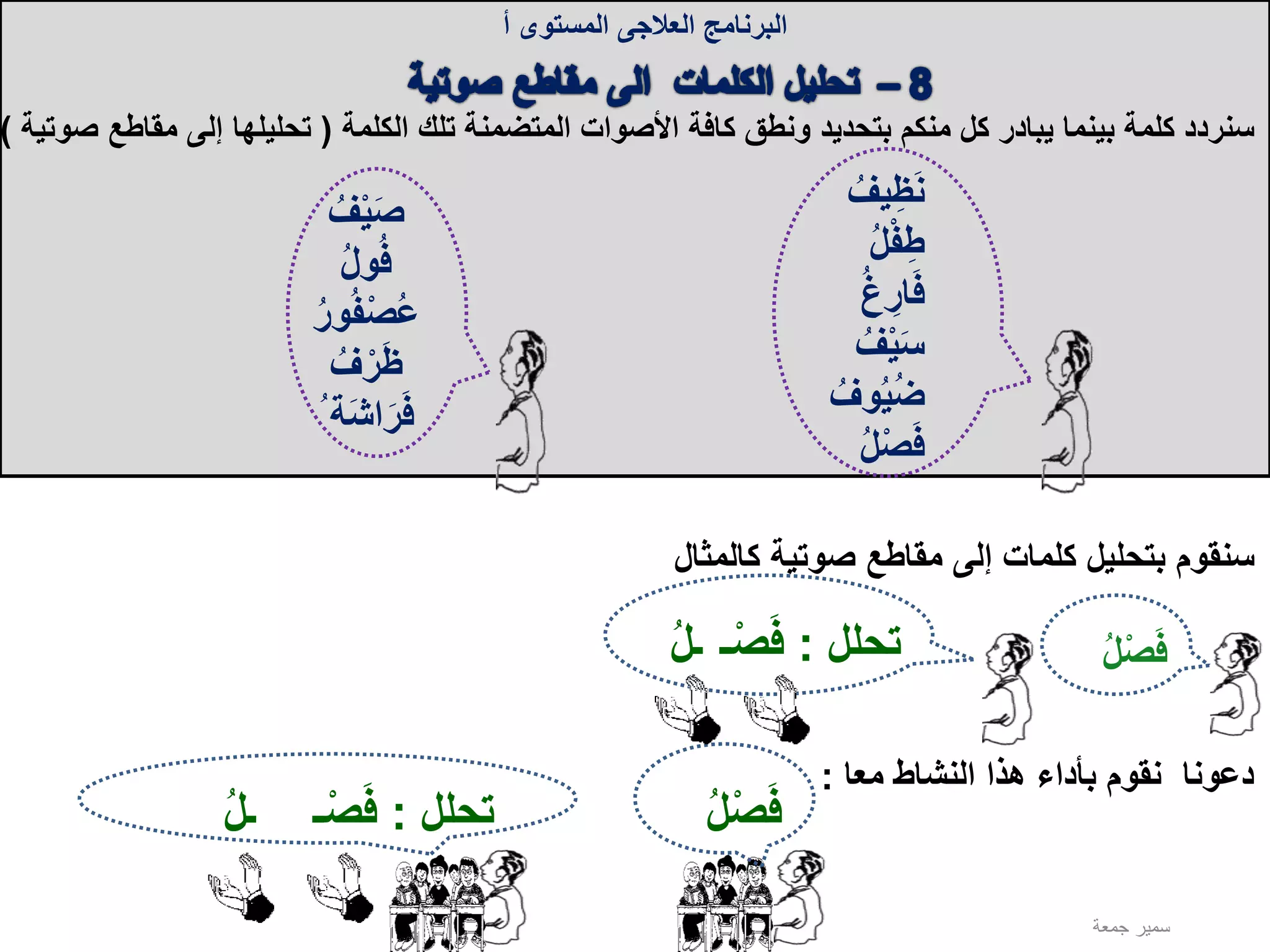 ‫البرنامج‬‫العالجى‬‫المستوى‬‫أ‬
‫كال‬ ‫صوتية‬ ‫مقاطع‬ ‫إلى‬ ‫كلمات‬ ‫بتحليل‬ ‫سنقوم‬‫مثال‬
ُ‫ل‬ْ‫ص‬َ‫ف‬
‫معا‬ ‫النشاط‬ ‫هذا‬ ‫بأداء‬ ‫نقوم‬ ‫دعونا‬:
ْ‫ص‬َ‫ف‬ُ‫ل‬
‫الكلمة‬ ‫تلك‬ ‫المتضمنة‬ ‫األصوات‬ ‫كافة‬ ‫ونطق‬ ‫بتحديد‬ ‫منكم‬ ‫كل‬ ‫يبادر‬ ‫بينما‬ ‫كلمة‬ ‫سنردد‬(‫مق‬ ‫إلى‬ ‫تحليلها‬‫صوتية‬ ‫اطع‬)
ُ‫يف‬ِ‫ظ‬َ‫ن‬
ُ‫ل‬ْ‫ف‬ِ‫ط‬
ُ‫غ‬ ِ‫ار‬َ‫ف‬
ُ‫ف‬ْ‫ي‬َ‫س‬
ُ‫وف‬ُ‫ي‬ُ‫ض‬
ُ‫ل‬ْ‫ص‬َ‫ف‬
ُ‫ف‬ْ‫ي‬َ‫ص‬
ُ‫ل‬‫و‬ُ‫ف‬
ُ‫ف‬ْ‫ص‬ُ‫ع‬ُ‫ر‬‫و‬
ُ‫ف‬ْ‫ر‬َ‫ظ‬
َ‫ش‬‫ا‬َ‫ر‬َ‫ف‬ُ ‫ة‬
‫جمعة‬ ‫سمير‬
‫تحلل‬:َ‫ف‬‫ـ‬ْ‫ص‬ُ‫ل‬‫ـ‬
‫تحلل‬:ْ‫ص‬َ‫ف‬‫ـ‬ُ‫ل‬‫ـ‬
 