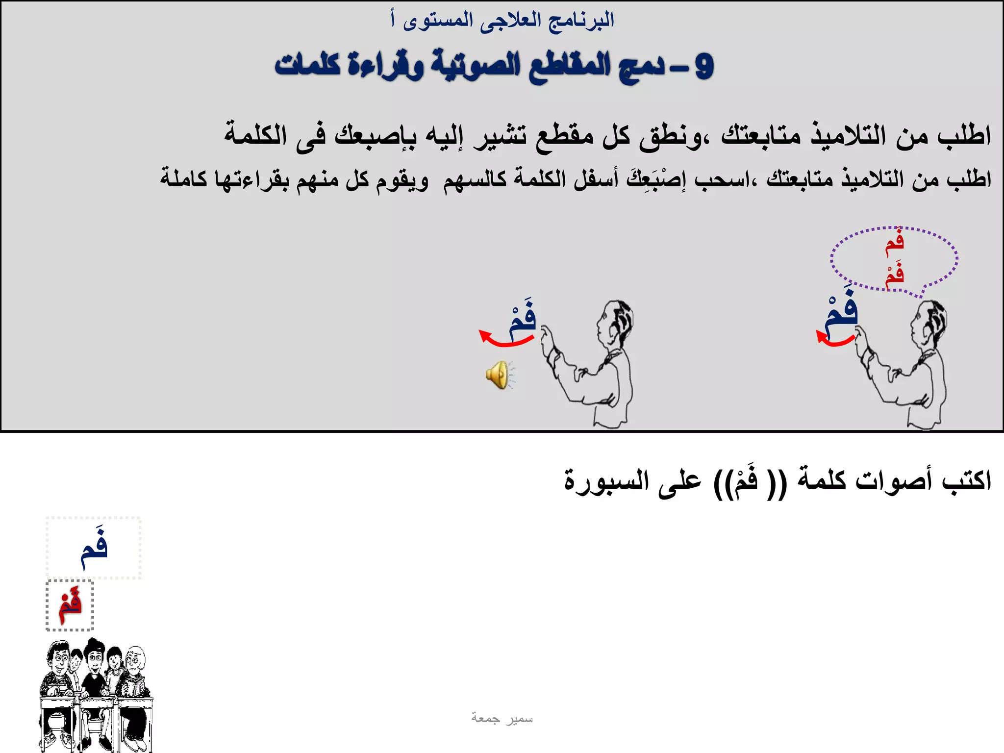 ‫البرنامج‬‫العالجى‬‫المستوى‬‫أ‬
‫كلمة‬ ‫أصوات‬ ‫اكتب‬((ْ‫م‬َ‫ف‬))‫السبورة‬ ‫على‬
‫م‬َ‫ف‬
‫م‬َ‫ف‬
ْ‫م‬َ‫ف‬
‫بإصبعك‬ ‫إليه‬ ‫تشير‬ ‫مقطع‬ ‫كل‬ ‫،ونطق‬ ‫متابعتك‬ ‫التالميذ‬ ‫من‬ ‫اطلب‬‫ف‬‫ى‬‫الكلمة‬
ْ‫م‬َ‫ف‬
‫ب‬ ‫منهم‬ ‫كل‬ ‫ويقوم‬ ‫كالسهم‬ ‫الكلمة‬ ‫أسفل‬ َ‫ك‬ِ‫ع‬َ‫ب‬ْ‫ص‬‫إ‬ ‫،اسحب‬ ‫متابعتك‬ ‫التالميذ‬ ‫من‬ ‫اطلب‬‫كاملة‬ ‫قراءتها‬
ْ‫م‬َ‫ف‬
‫جمعة‬ ‫سمير‬
 