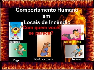 Comportamento Humano
em
Locais de Incêndio
Com quem você
se parece?
Desespero
Foge Medo da morte Socorre
Sai de fininho
 