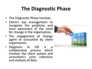 The Diagnostic Phase
• The Diagnostic Phase Involves
• Client's top management to
recognize the problems and
have awareness of the need
for change in the organisation.
• The engagement of change
agent or consultant by client
organisation.
• Diagnosis in OD is a
collaborative process which
involves the client system and
consultant's joint collection
and analysis of data.
 