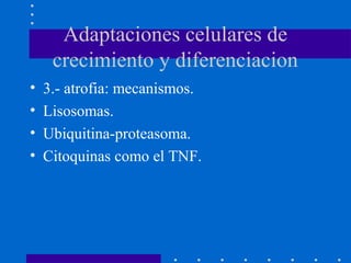 Adaptaciones celulares de
crecimiento y diferenciacion
• 3.- atrofia: mecanismos.
• Lisosomas.
• Ubiquitina-proteasoma.
• Citoquinas como el TNF.
 