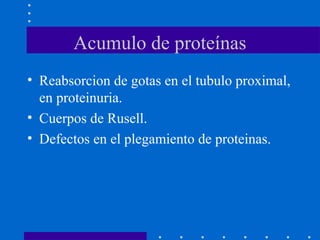 Acumulo de proteínas
• Reabsorcion de gotas en el tubulo proximal,
en proteinuria.
• Cuerpos de Rusell.
• Defectos en el plegamiento de proteinas.
 