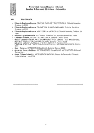 Universidad Nacional Federico Villarreal
Facultad de Ingeniería Electrónica e Informática
VIII. BIBLIOGRAFIA
• Eduardo Espinoza Ramos, RECTAS, PLANOS Y SUPERFICIES, Editorial Servicios
Gráficos JJ-2000.
• Eduardo Espinoza Ramos, GEOMETRIA ANALITICA PLANA I, Editorial Servicios
Gráficos JJ-2000.
• Eduardo Espinoza Ramos, VECTORES Y MATRICES, Editorial Servicios Gráficos JJ-
2000.
• Ricardo Figueroa García, VECTORES Y MATRICES, Editorial Americana 1994.
• Charles Lehmann, GEOMETRIA ANALITICA, Editorial Limusa 2008.
• Hasser-Lasalle-Sullivan, ANALISIS MATEMATICO I, Editorial Trillas- México 1989.
• Marsden - Tromba, CÁLCULO VECTORIAL, Editorial Limusa 1993.
• Pita Ruiz, CÁLCULO VECTORIAL, Editorial Prentice Hall Hispanoamericana, México
2001
• Saal - Aznarán, MATEMATICA BASICA II, Editorial Gómez 1998.
• Armando Venero Baldeon, INTRODUCCION AL ANALISIS MATEMATICO, Editorial
Gemar 2001.
• Jorge Chávez Salvador, MATEMATICA BASICA II, Fondo de Desarrollo Editorial-
Universidad de Lima 2001.
………..……………………………… …………………………………………..
6
 