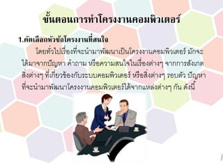 ขั้นตอนการทาโครงงานคอมพิวเตอร์
1.คัดเลือกหัวข้อโครงงานที่สนใจ
โดยทั่วไปเรื่องที่จะนามาพัฒนาเป็นโครงงานคอมพิวเตอร์ มักจะ
ได้มาจากปัญหา คาถาม หรือความสนใจในเรื่องต่างๆ จากการสังเกต
สิ่งต่างๆ ที่เกี่ยวข้องกับระบบคอมพิวเตอร์ หรือสิ่งต่างๆ รอบตัว ปัญหา
ที่จะนามาพัฒนาโครงงานคอมพิวเตอร์ได้จากแหล่งต่างๆ กัน ดังนี้
 