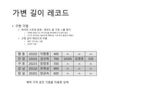 가변 길이 레코드
• 구현 기법
• 바이트 스트링 표현 : 레코드 끝 기호 ㅗ를 첨가
• 삭제된 레코드의 기억 공간을 재사용하기가 쉽지 않다.
• 크기가 증가하는 레코드에 대해서는 기억 장소 할당이 어렵다.
• 고정 길이 레코드의 이용
• 예약 기억 장소 기법
• 포인터 기법
예약 기억 공간 기법을 이용한 상태
명 동 10102 이향종 400 ㅗ ㅗ ㅗ
안 암 10101 김선희 700 10305 김영호 520
구 로 20215 장양호 350 ㅗ ㅗ ㅗ
강 남 20110 유희상 900 ㅗ ㅗ ㅗ
잠 실 20201 양금숙 600 ㅗ ㅗ ㅗ
 