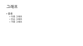 그래프
• 종류
• 다중 그래프
• 단순 그래프
• 가중 그래프
 