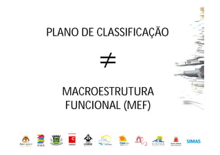 MACROESTRUTURA
FUNCIONAL (MEF)
Abril de 2014
PLANO DE CLASSIFICAÇÃO
 