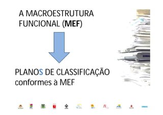 A MACROESTRUTURA
FUNCIONAL (MEF)
PLANOS DE CLASSIFICAÇÃO
conformes à MEF
 