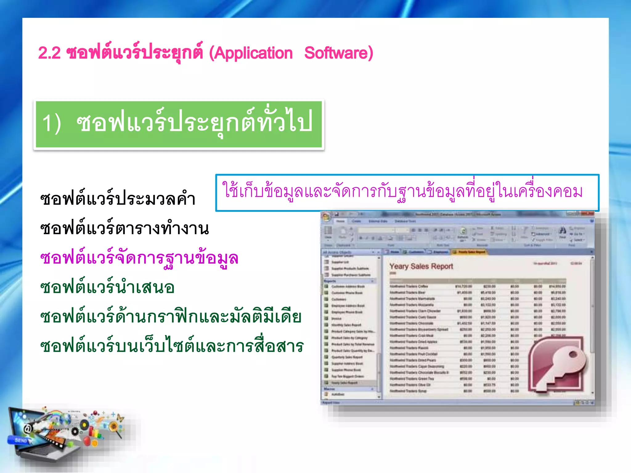 ซอฟต์แวร์ประมวลคา
ซอฟต์แวร์ตารางทางาน
ซอฟต์แวร์จัดการฐานข้อมูล
ซอฟต์แวร์นาเสนอ
ซอฟต์แวร์ด้านกราฟิกและมัลติมีเดีย
ซอฟต์แวร์บนเว็บไซต์และการสื่อสาร
ใช้เก็บข้อมูลและจัดการกับฐานข้อมูลที่อยู่ในเครื่องคอม
1) ซอฟแวร์ประยุกต์ทั่วไป
 