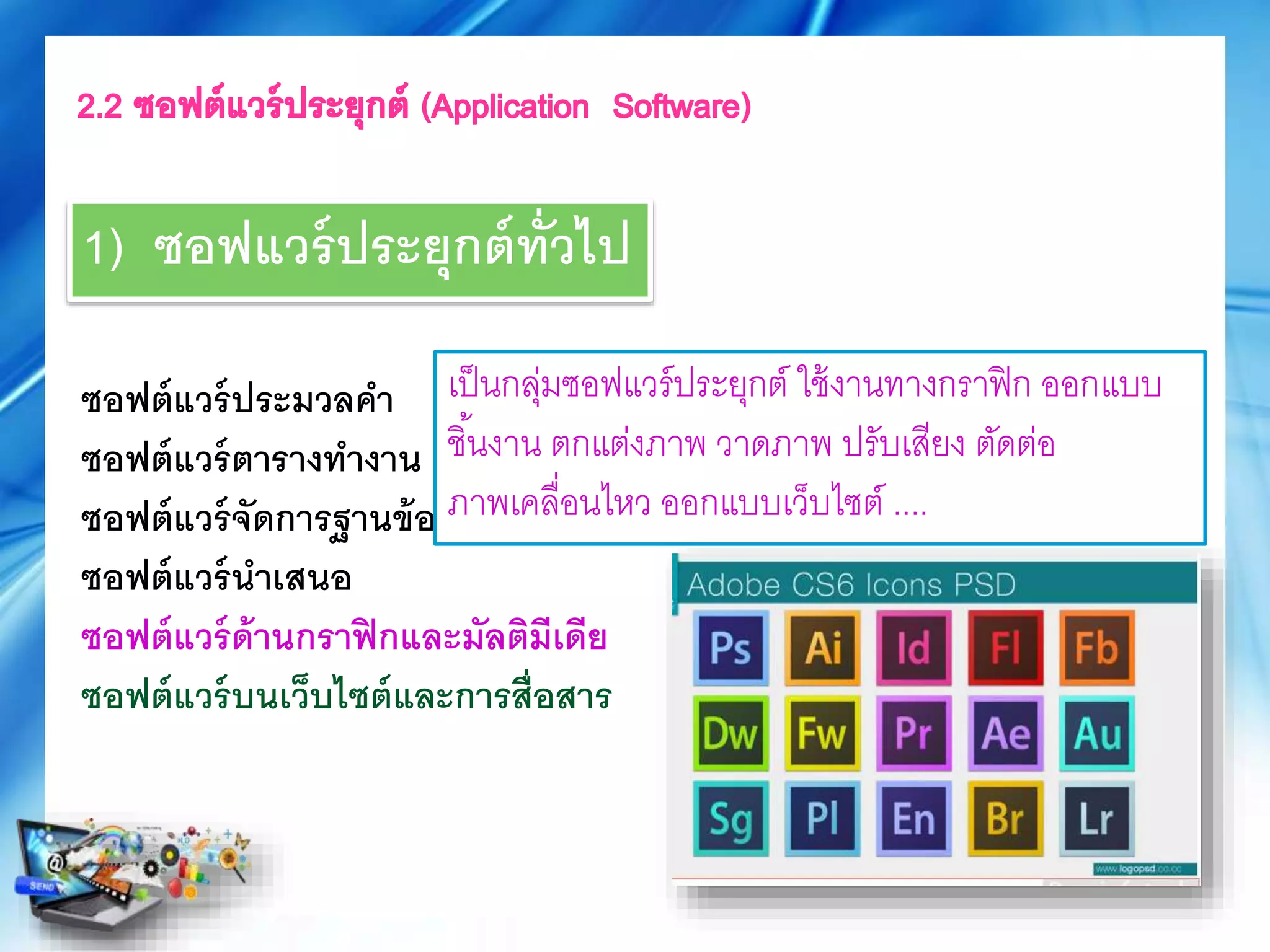 ซอฟต์แวร์ประมวลคา
ซอฟต์แวร์ตารางทางาน
ซอฟต์แวร์จัดการฐานข้อมูล
ซอฟต์แวร์นาเสนอ
ซอฟต์แวร์ด้านกราฟิกและมัลติมีเดีย
ซอฟต์แวร์บนเว็บไซต์และการสื่อสาร
เป็นกลุ่มซอฟแวร์ประยุกต์ ใช้งานทางกราฟิก ออกแบบ
ชิ้นงาน ตกแต่งภาพ วาดภาพ ปรับเสียง ตัดต่อ
ภาพเคลื่อนไหว ออกแบบเว็บไซต์ ....
1) ซอฟแวร์ประยุกต์ทั่วไป
 