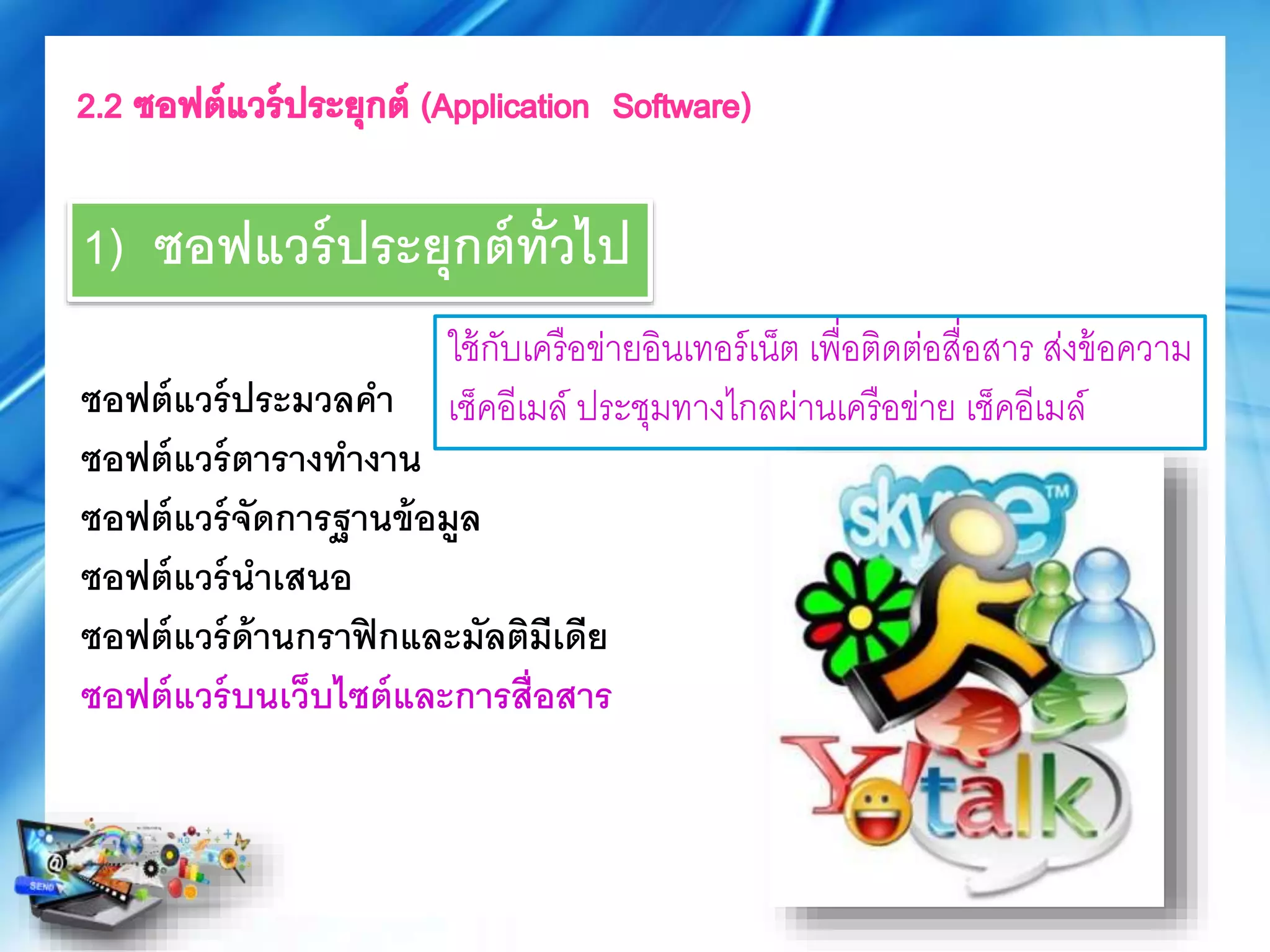ซอฟต์แวร์ประมวลคา
ซอฟต์แวร์ตารางทางาน
ซอฟต์แวร์จัดการฐานข้อมูล
ซอฟต์แวร์นาเสนอ
ซอฟต์แวร์ด้านกราฟิกและมัลติมีเดีย
ซอฟต์แวร์บนเว็บไซต์และการสื่อสาร
ใช้กับเครือข่ายอินเทอร์เน็ต เพื่อติดต่อสื่อสาร ส่งข้อความ
เช็คอีเมล์ ประชุมทางไกลผ่านเครือข่าย เช็คอีเมล์
1) ซอฟแวร์ประยุกต์ทั่วไป
 